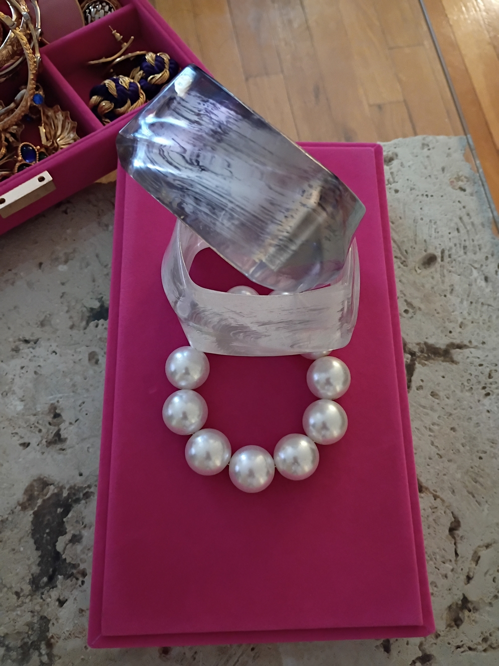 Vintage Pearl Bead And Clear Marbled Resin Cuff Bangles